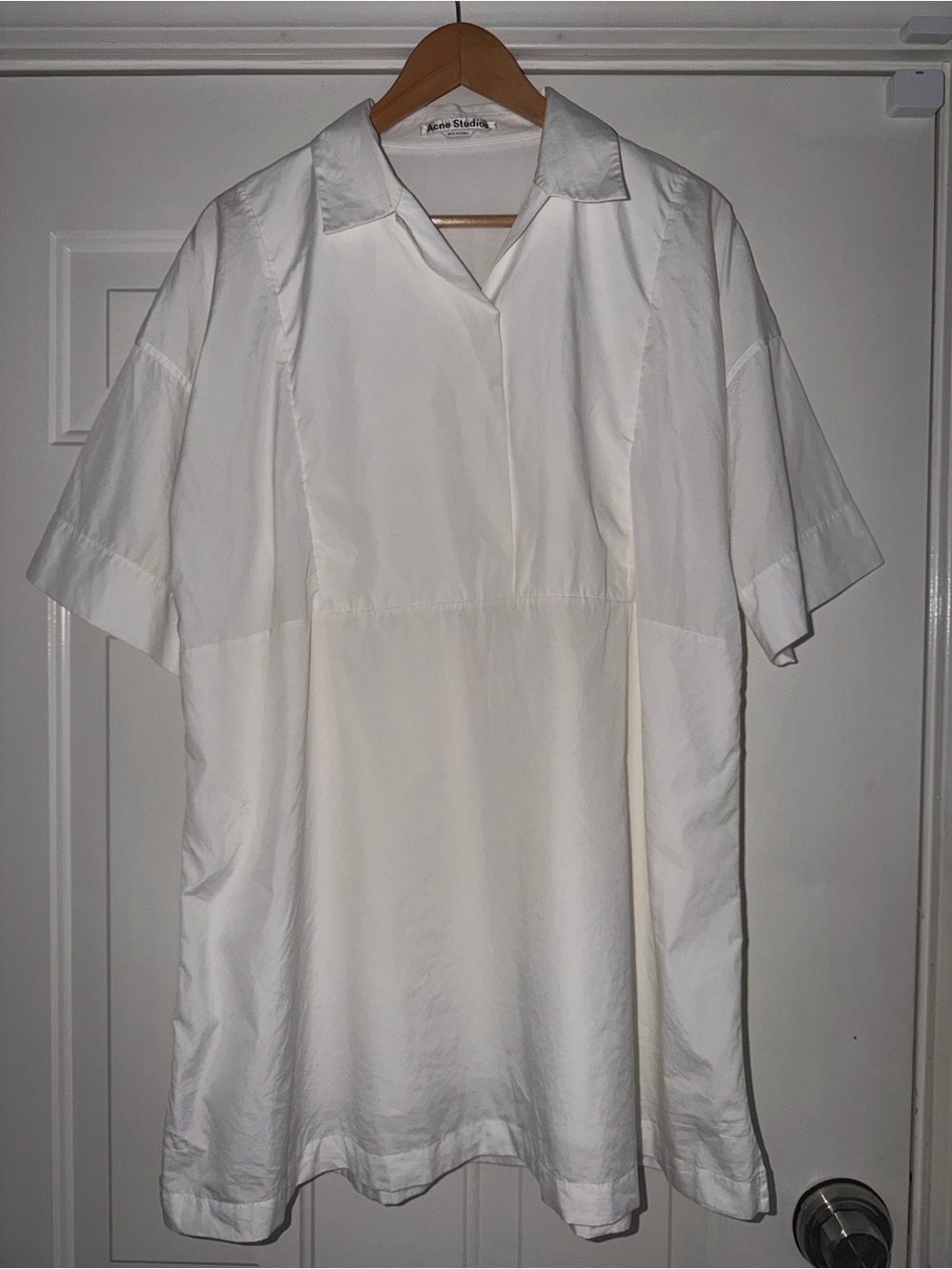 Acne Studio White Sena Shirt Dress. Size tag missing-P2P 21. Length 33.5